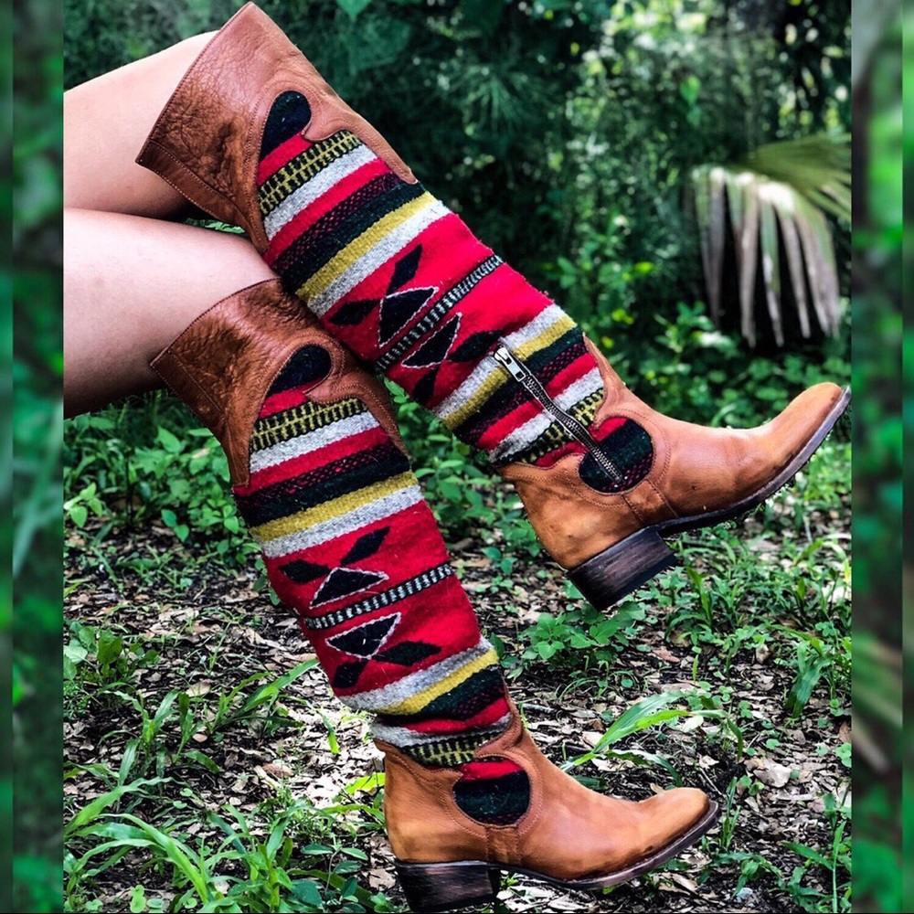 FREEBIRD Over-Knee Wool & Leather Tapestry Boots
